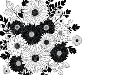 Black and white illustration of a floral arrangement with daisies and leaves.