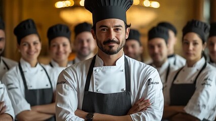 Smiling chef in uniform with arms crossed, flanked by team
