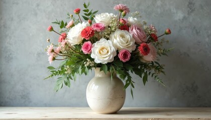 White and pink roses and blossoms fill a neutral vase. Green leaves add fullness to this floral arrangement. Gentle hues suit decor, gifts, or wedding themes. Soft lighting accentuates the beauty.