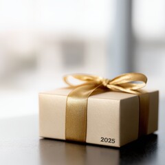 Obraz premium Wrapped present with gold ribbon labeled Bonus 2025 placed on business desk