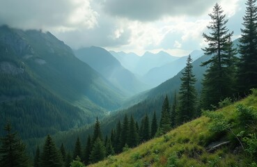 Fototapeta premium Dramatic mountain panorama dense cedar forest on high slope under overcast sky. Plants covers hillside with towering pine trees, tranquil valley below. Scenic landscape natural beauty in Siberias