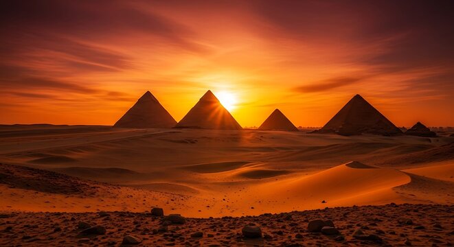 Magnificent Egyptian pyramids glow under a radiant sunset, inviting exploration and adventure in the golden desert landscape, perfect for travel inspiration