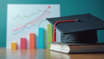 Graduation cap rests on book before chart. Concept involves education progress financial success, academic achievement. Degree represents level, goal, learning. Graph shows analytics data growth,