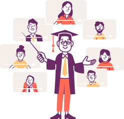 Online education flat illustration, teacher and students in virtual class.