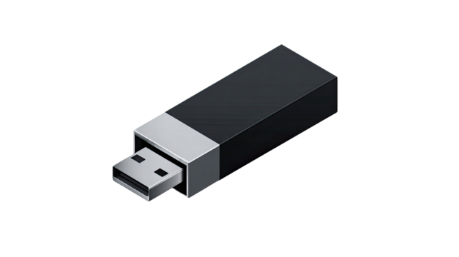 Isometric style vector illustration of a sleek black USB flash drive portable digital memory storage device for data transfer isolated on white background
