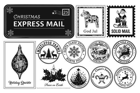 Black and White Christmas Stamp Set with Festive Mail Designs