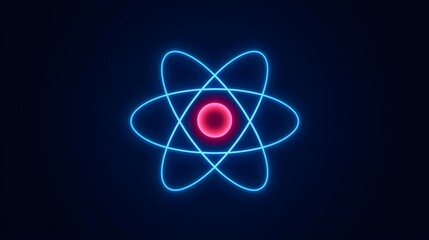 A glowing neon illustration of an atom, a minimalist concept for science, physics, and energy.