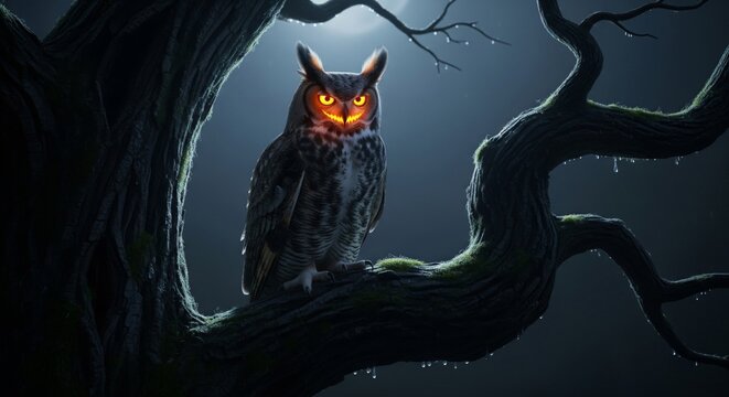 Pixelated Great Horned Owl Perched on Bare Tree Branch Glowing Eyes Under Moonlight