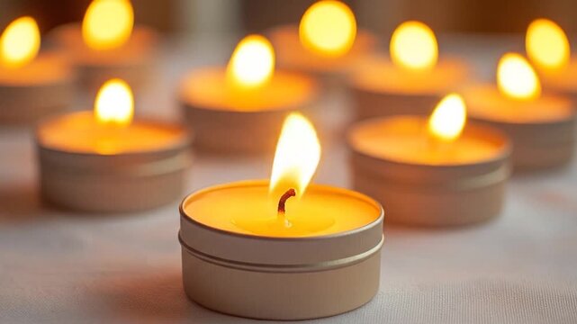 Close-up view of multiple small, lit candles with warm, glowing flames - Powered by Adobe