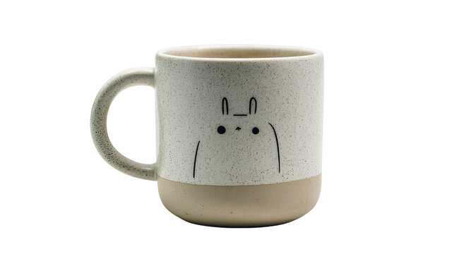 Off-white ceramic tea mug featuring charming cartoon design with visible handle perfect for coffee tea or kitchen decor isolated on white background
