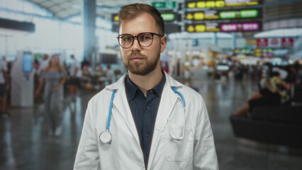 Fototapeta premium Man doctor with stethoscope standing in busy airport terminal wearing labcoat and glasses, beard visible; reassurance medical help.