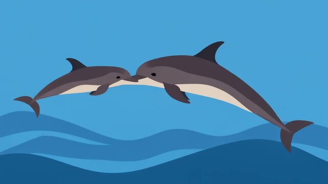 Charming flat vector illustration depicting a mother dolphin and her playful calf sharing an affectionate moment in the tranquil blue ocean, symbolizing love and connection