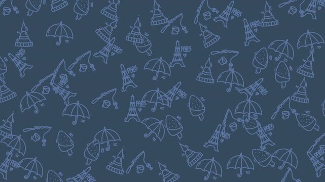 Many umbrellas and eiffel towers on blue surface, suitable for travel, weather, and paristhemed designs, vibrant and colorful composition.