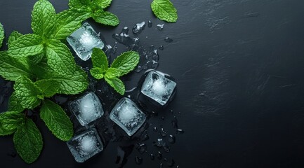 Fresh mint leaves and ice cubes on dark surface (9)