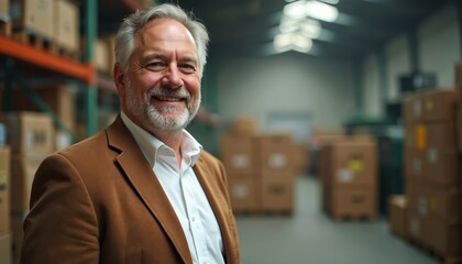 Obraz premium Smiling businessman poses in warehouse. Mature man wears blazer and white shirt. Confident business leader stands near boxes. Happy senior entrepreneur looks at camera. Business concept