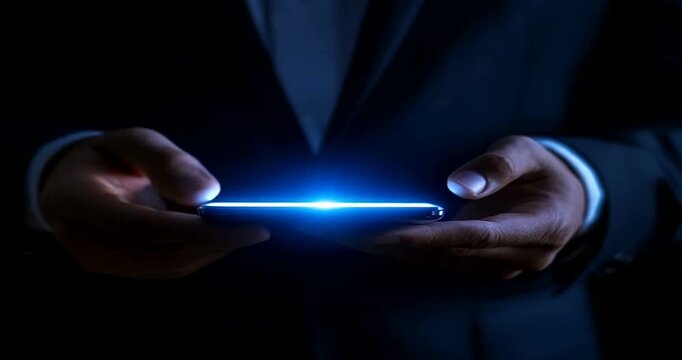 Closeup of a businessman holding a smartphone with a glowing blue light emanating from it - Powered by Adobe