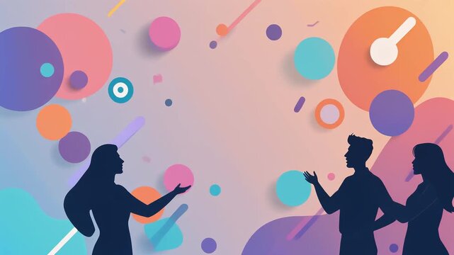 Modern flat vector illustration showing silhouettes of people collaborating with abstract geometric shapes and a clock icon on a colorful gradient