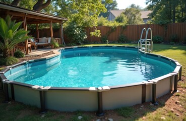 Metal frame above ground swimming pool installed in backyard grass yard. Clear blue water shimmers under sunny sky, inviting relaxation and fun outdoor activity for families during warm summer days.
