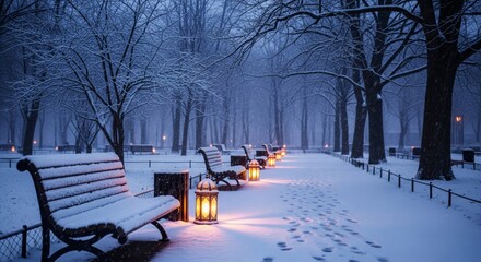 Snow Covered Park Benches and Lanterns Along a Footpath in Winter at Night