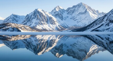 Scenic Snow Covered Mountain Peaks Reflected in Lake Water Sunlight