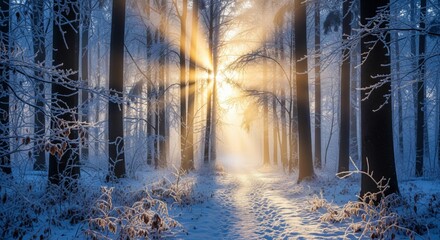 Naklejka premium Sunlight Filtering Through Snowy Trees in a Winter Forest Landscape