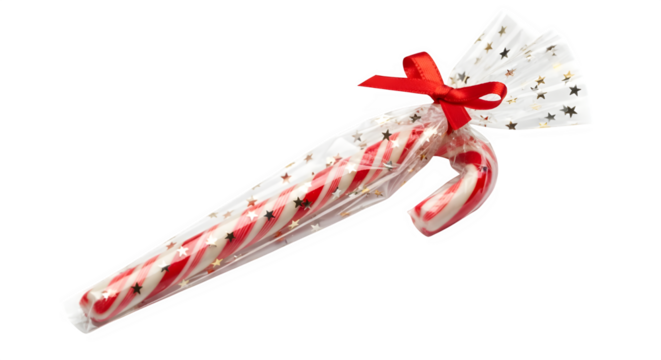Festive wrapped candy cane with red ribbon isolated on transparent background