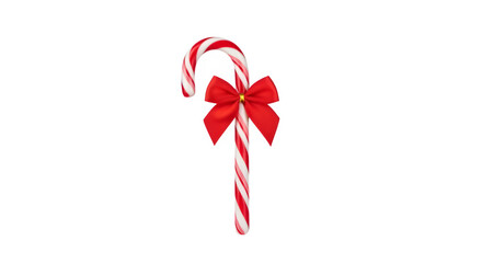 Traditional red and white striped candy cane with a festive red bow isolated on transparent background