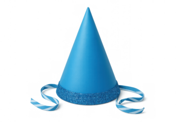 Blue party hat with glitter and striped ribbons, celebrating a birthday, festive celebration accessory