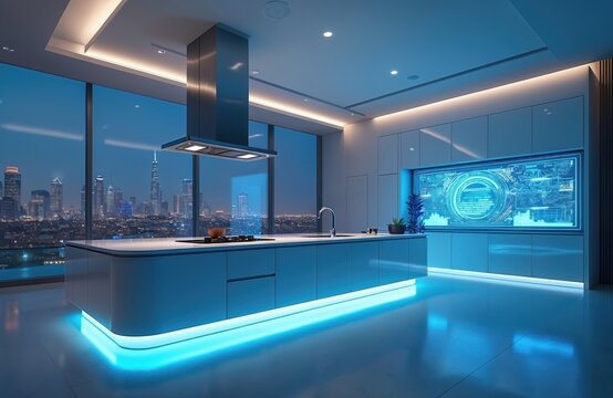 Futuristic kitchen design with blue LED lighting creates modern aesthetic. Holographic cooking display and smart technology integrated. Contemporary interior with city skyline view from large windows.