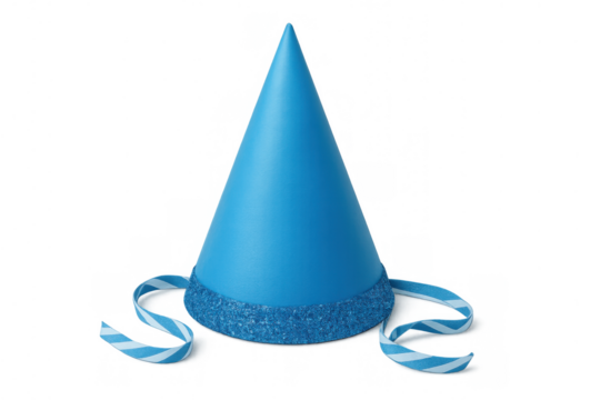Blue party hat with glitter and striped ribbons, celebrating a birthday, festive celebration accessory