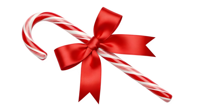 Red and white striped candy cane with a shiny red ribbon bow isolated on transparent background