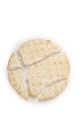 Broken rice crackers pieces isolated on white background for healthy snack food photography