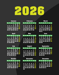 Bright green new year calendar 2026 on a dark background