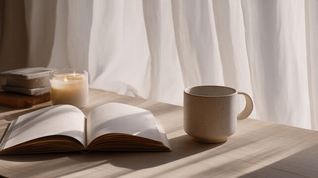 Still life of open book, mug, and candle against white curtain in soft light