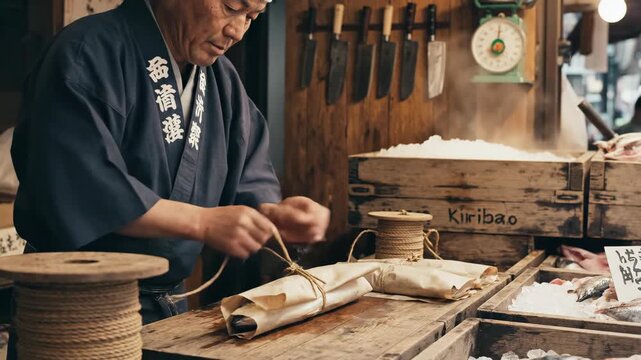 Japanese fishmonger wrapping fresh fish at a traditional retro seafood market. Male vendor engaged in a daily routine footage.