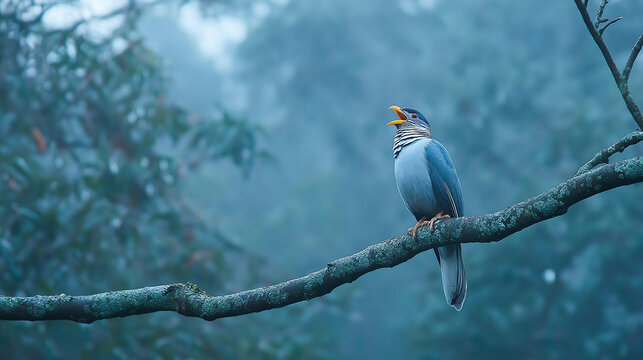 trumpet. Trumpet bird perched on a jungle branch at dawn, beak open, misty forest background. wildlife magazines, conservation campaigns, designed for wildlife conservation campaigns.
