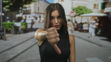 Woman showing a thumb down gesture with her bare hand in a sunny street setting full of blurred buildings and passersby; disapproval.