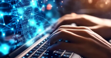 Hands typing on a laptop with abstract digital network overlay on screen - Powered by Adobe