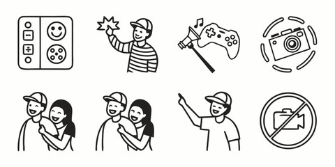 Obraz premium Collection of eight black and white icons depicting various activities and objects in simple line art