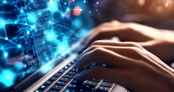 Hands typing on a laptop with abstract digital network overlay on screen - Powered by Adobe