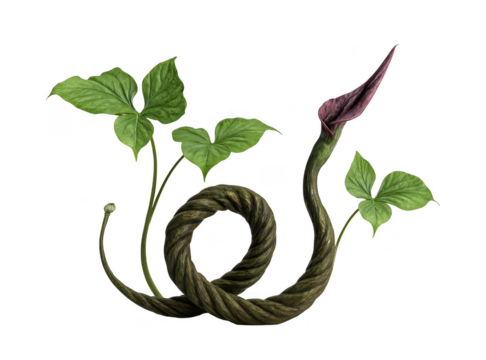 Mysterious coiled plant stem with vibrant green leaves and a dark purple bud against a stark black background