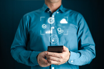 Artificial intelligence AI circuit board in shape electronic PCB circuit icon symbol on businessman...