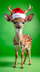 little cute christmas deer with santa claus hat on green screen chroma key background