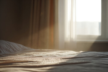 morning light filters softly through window casting gentle glow on freshly made bedding