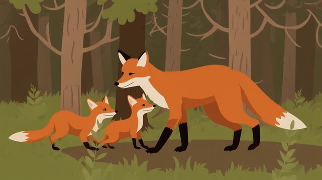 Vibrant vector illustration showcasing a loving mother fox leading her two playful kits through a tranquil forest, capturing a heartwarming family moment in nature