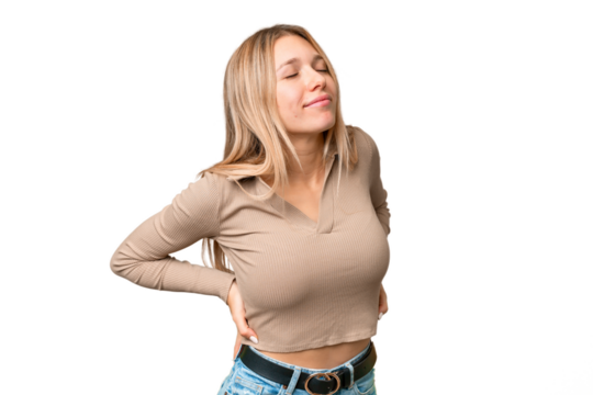 Young pretty blonde woman over isolated chroma key background suffering from backache for having made an effort