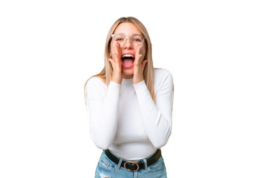 Young pretty blonde woman over isolated chroma key background shouting and announcing something - Powered by Adobe