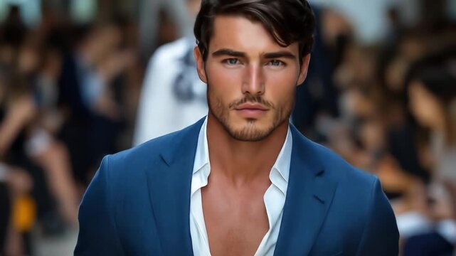 A stylish man in a blue suit with an open white shirt, walking on a runway