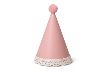 Pink birthday party hat with white lace trim and pom-pom, celebrating festive events and happy occasions