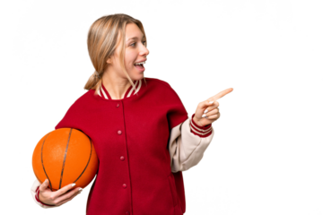 Young hispanic woman playing basketball over isolated white background pointing finger to the side and presenting a product